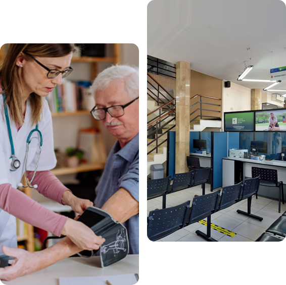 Foto del frente del Sanatorio y de un paciente siendo atendido